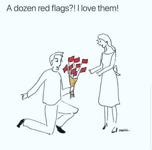 Man on one knee with bouquet of red flags offering to a women. 
Meme caption reads "A dozen red flags?! I love them" 
